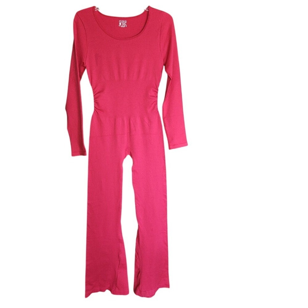 OQQ Hot Pink Ribbed Long Sleeve Flare Leg Jumpsuit with Side Ruching Size Large